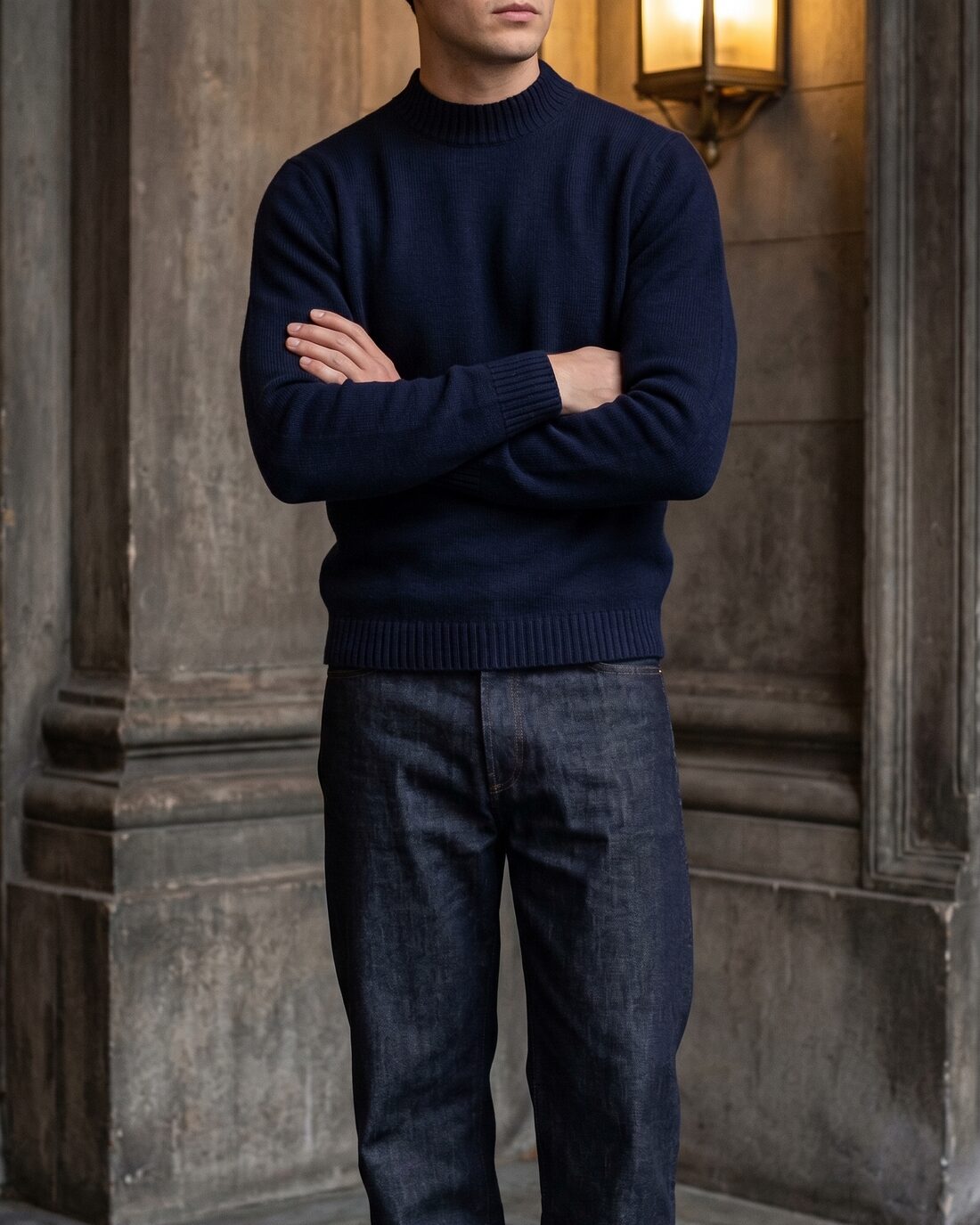 Navy knit worn with dark indigo denim and white sneakers