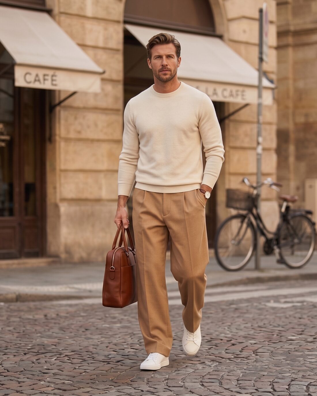 Man in a cream sweater and wide camel pleated trousers on a city street